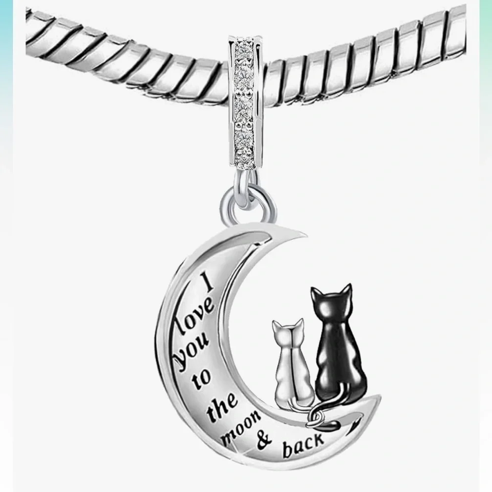 I love you to the moon silver kitten cat with mom cat charm fits all pandoras